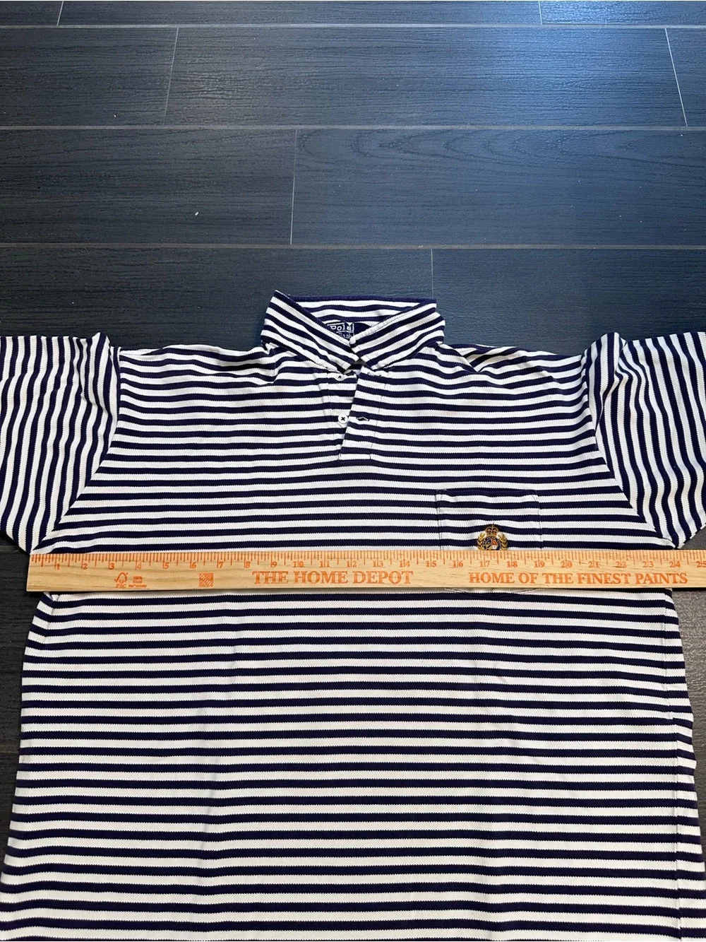Ralph Lauren Navy and White Striped Polo with Gold Pony Emblem